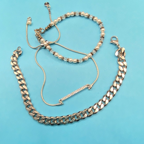 Silver Tone Bracelets Lot Of 3 Chain Slider Faux Beads - Picture 6 of 8